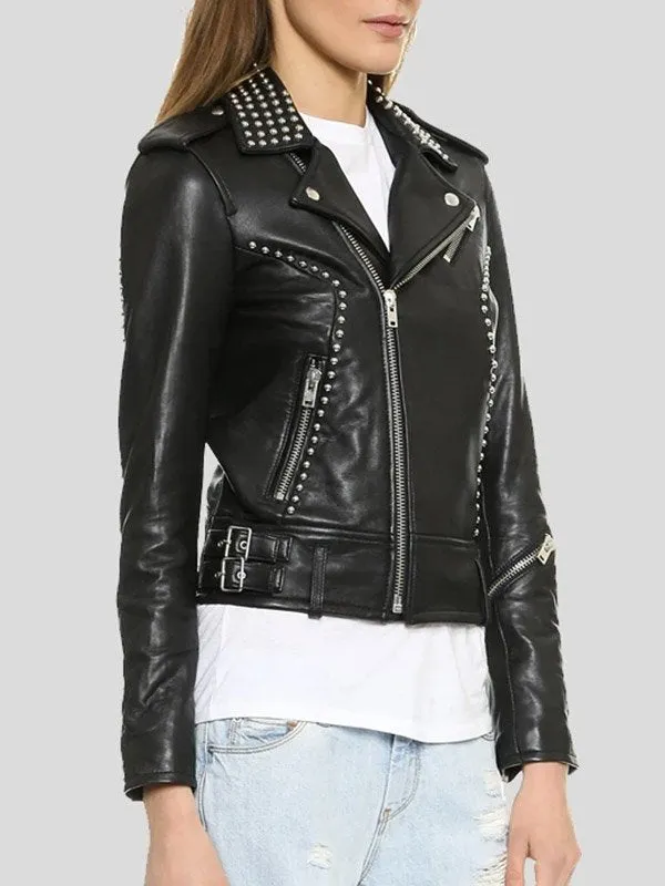 WOMENS BIKER STUDDED PREMIUM LEATHER JACKET