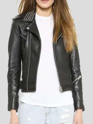 WOMENS BIKER STUDDED PREMIUM LEATHER JACKET