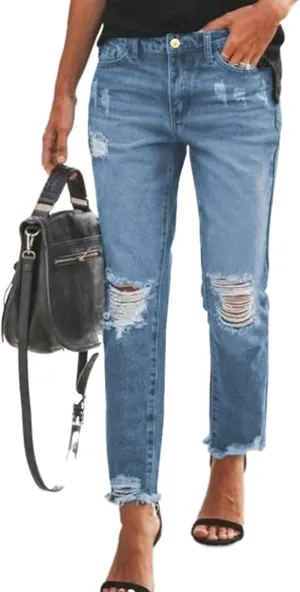 Women'S Boyfriend Jeans Stretchy Ripped Distressed Zimbaplatinum Denim Pants Size 4-18