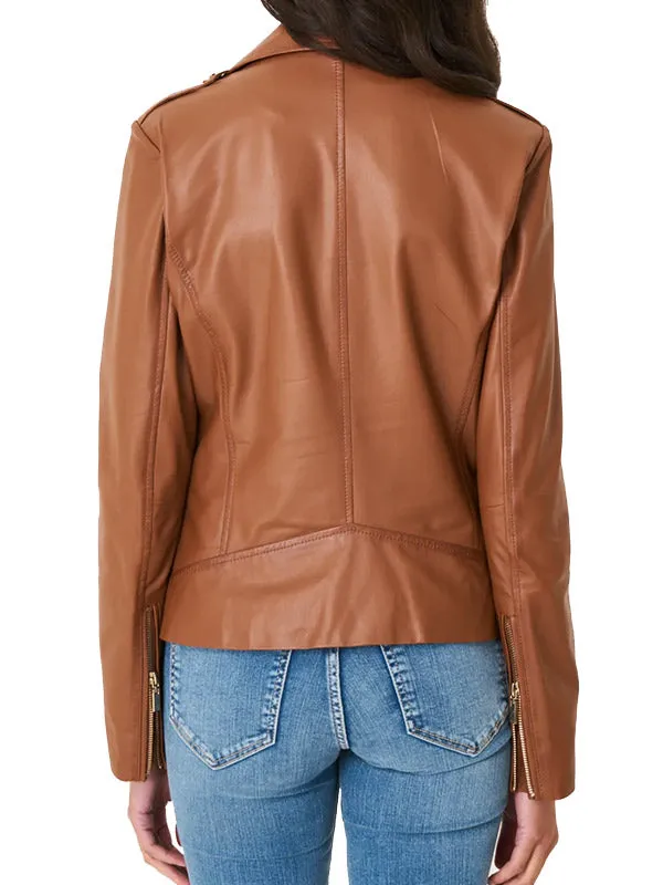 WOMENS BROWN LEATHER MOTORCYCLE JACKET BY TJS