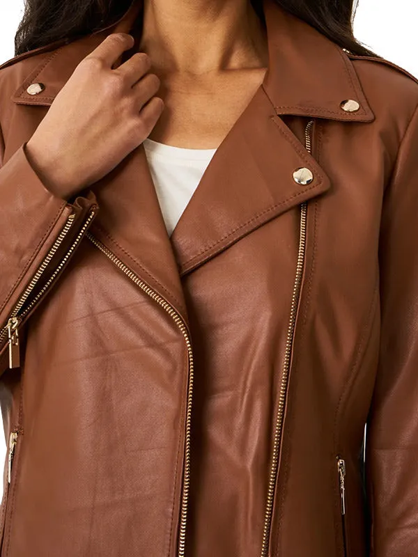WOMENS BROWN LEATHER MOTORCYCLE JACKET BY TJS