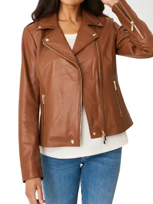 WOMENS BROWN LEATHER MOTORCYCLE JACKET BY TJS