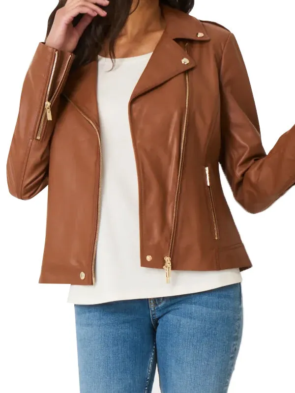 WOMENS BROWN LEATHER MOTORCYCLE JACKET BY TJS