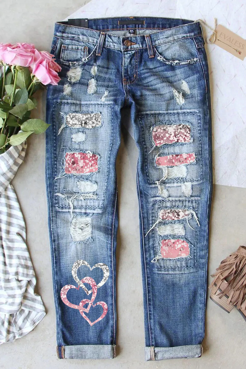 Women's Heart Print Jeans Ripped Patchwork Destroyed Denim Pants