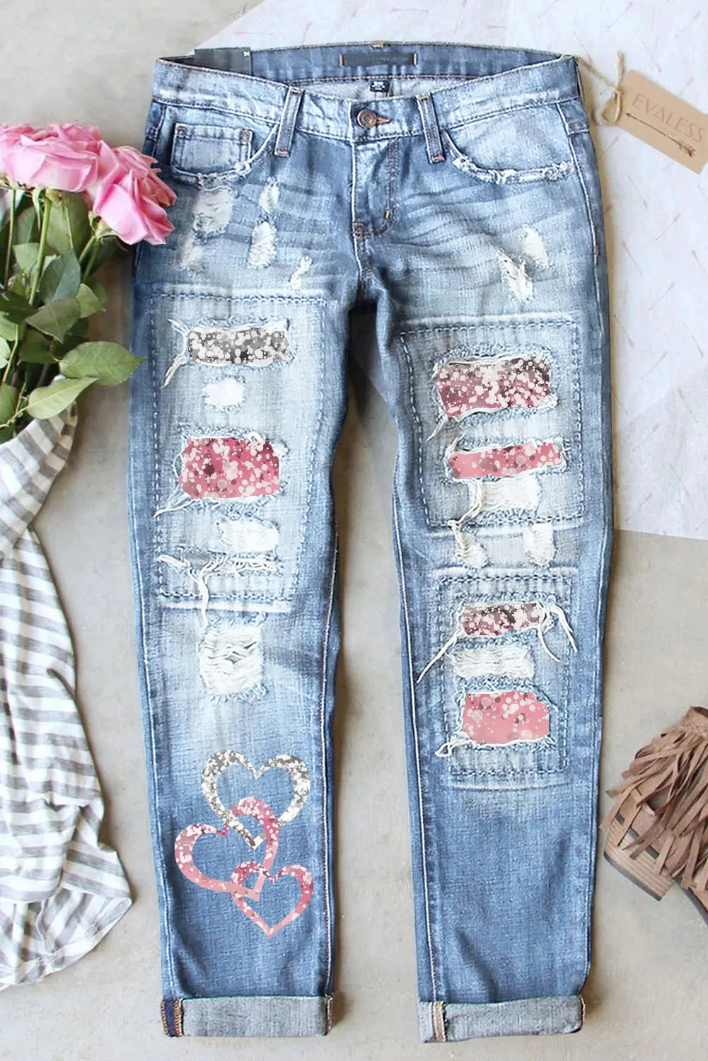 Women's Heart Print Jeans Ripped Patchwork Destroyed Denim Pants