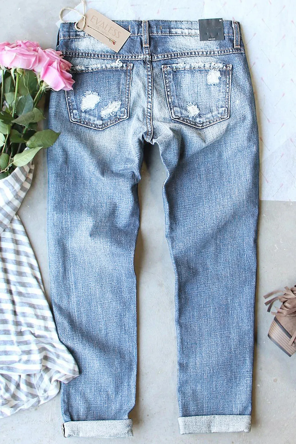 Women's Heart Print Jeans Ripped Patchwork Destroyed Denim Pants